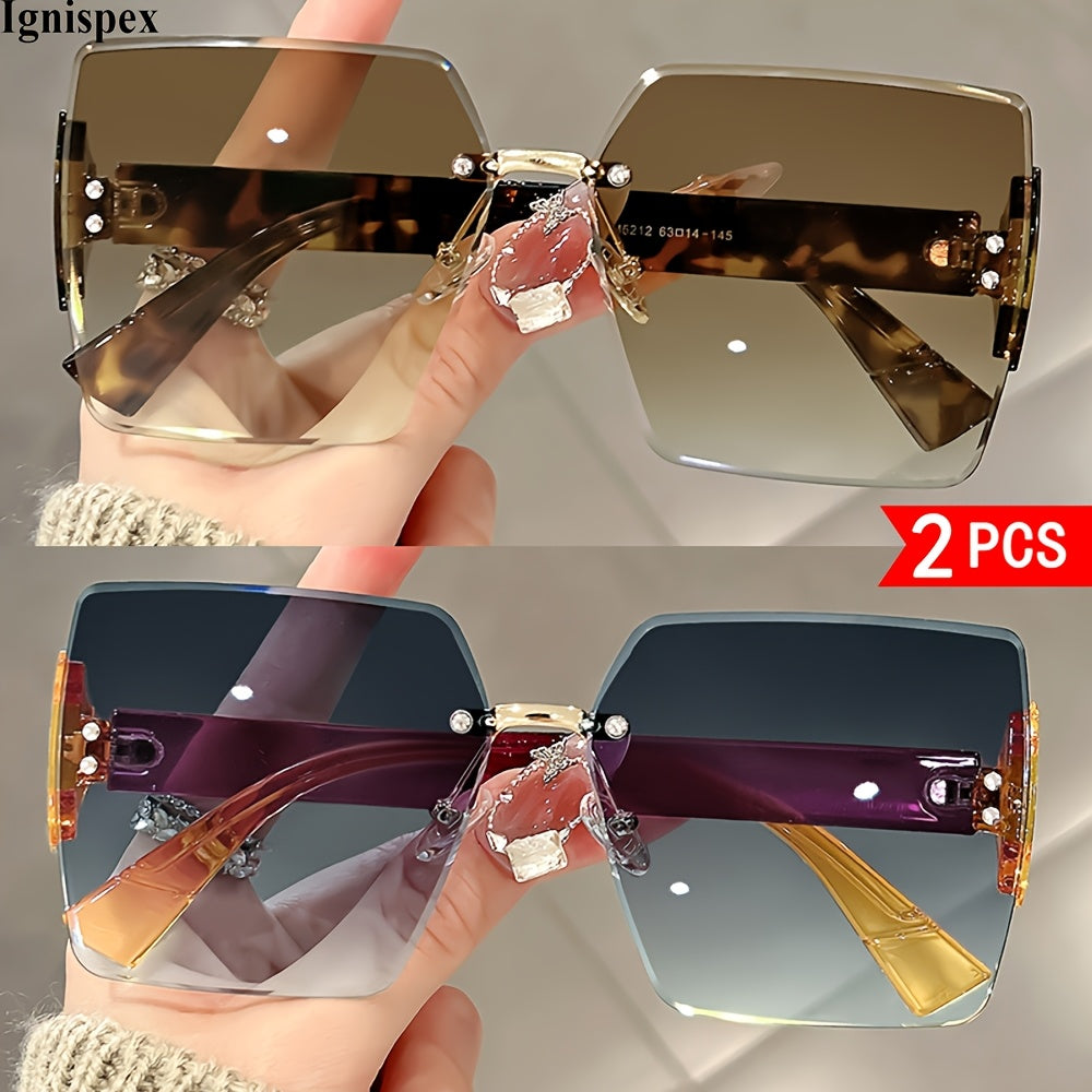 2 Pcs Rimless Square Sunglasses For Women Uv400 Protective Gradient Lens Eyewear Shiny Metal Hinge Detail Wide Temple Suitable For Beach Travel Parties And Daily Fashion Matching.