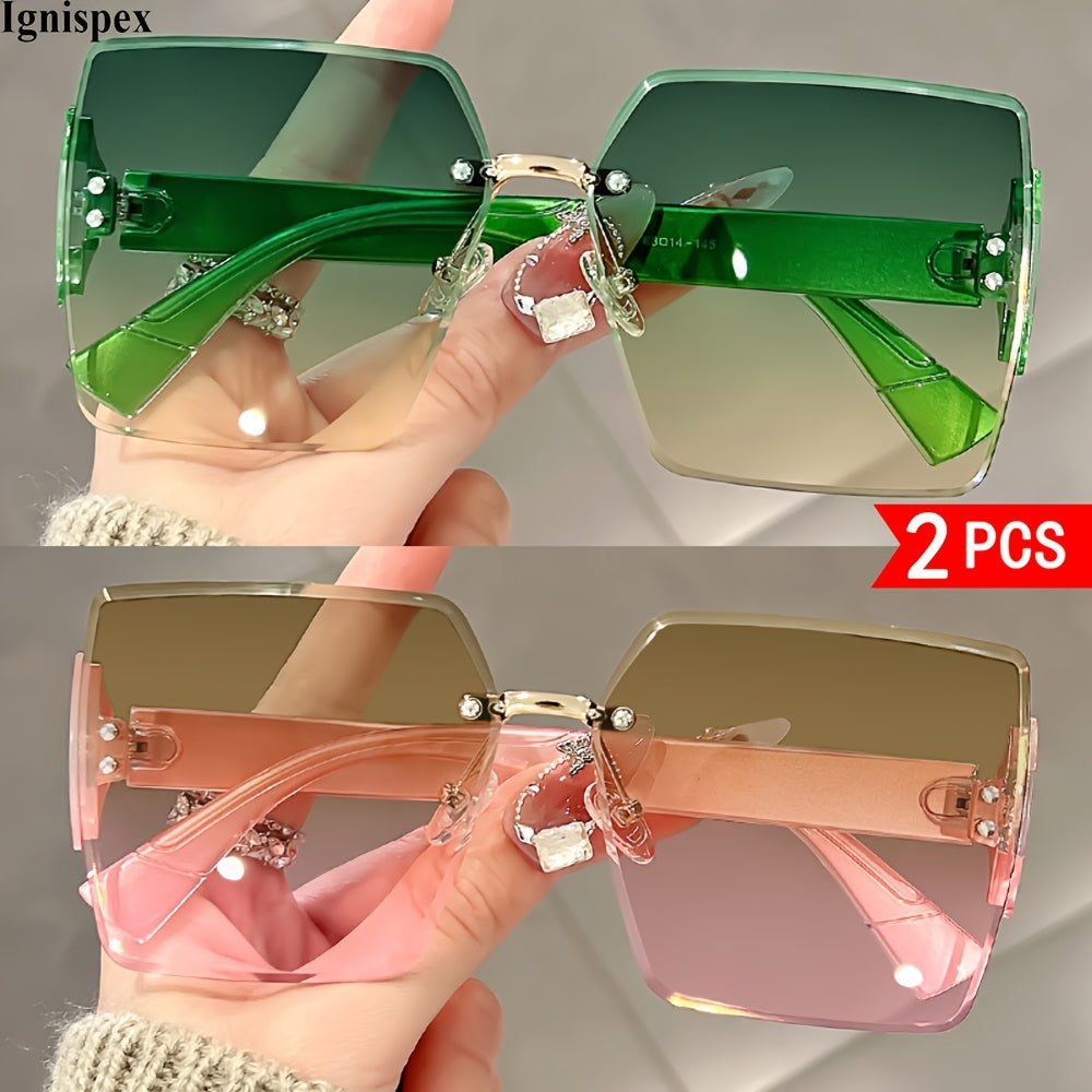 2 Pcs Rimless Square Sunglasses For Women Uv400 Protective Gradient Lens Eyewear Shiny Metal Hinge Detail Wide Temple Suitable For Beach Travel Parties And Daily Fashion Matching.