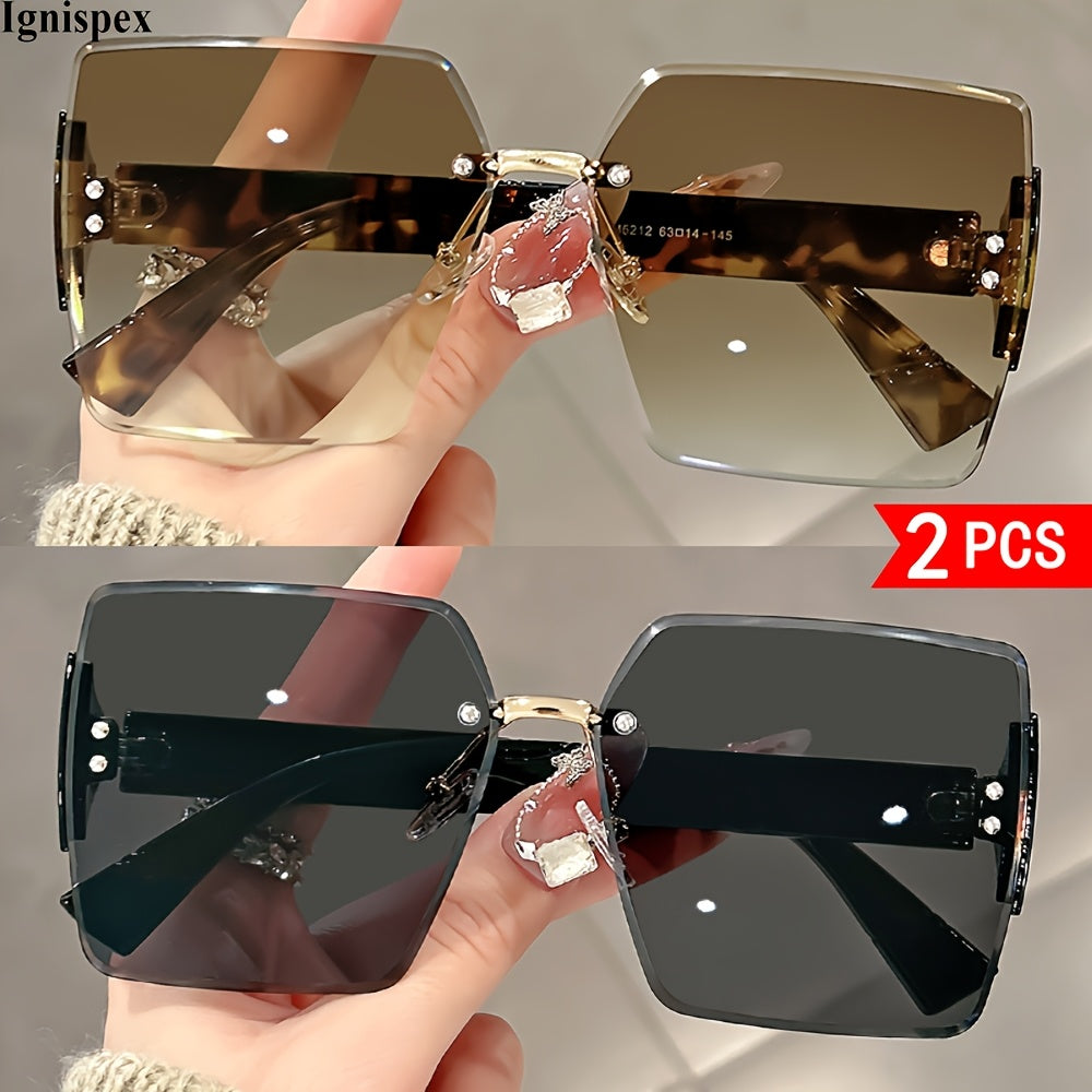 2 Pcs Rimless Square Sunglasses For Women Uv400 Protective Gradient Lens Eyewear Shiny Metal Hinge Detail Wide Temple Suitable For Beach Travel Parties And Daily Fashion Matching.