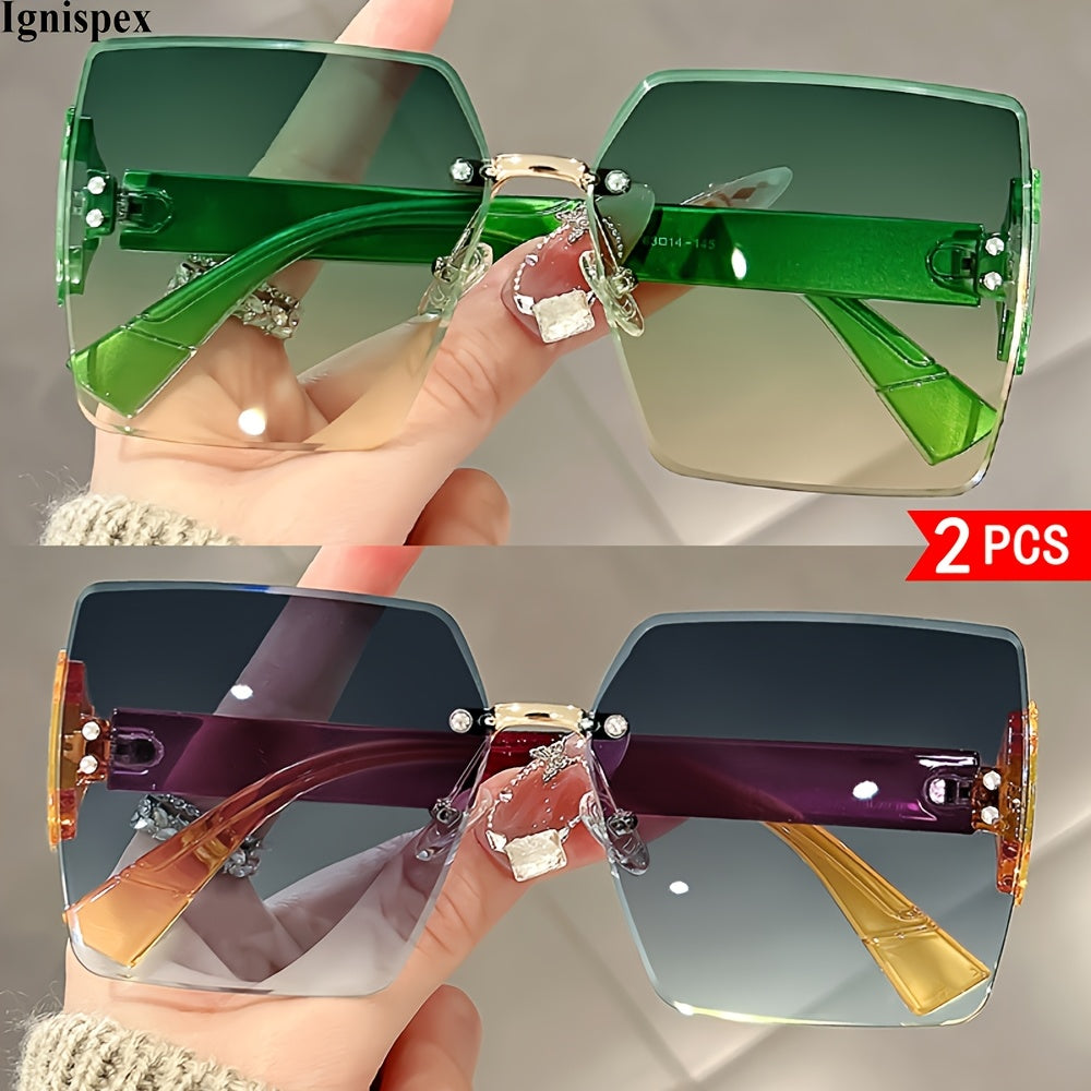 2 Pcs Rimless Square Sunglasses For Women Uv400 Protective Gradient Lens Eyewear Shiny Metal Hinge Detail Wide Temple Suitable For Beach Travel Parties And Daily Fashion Matching.