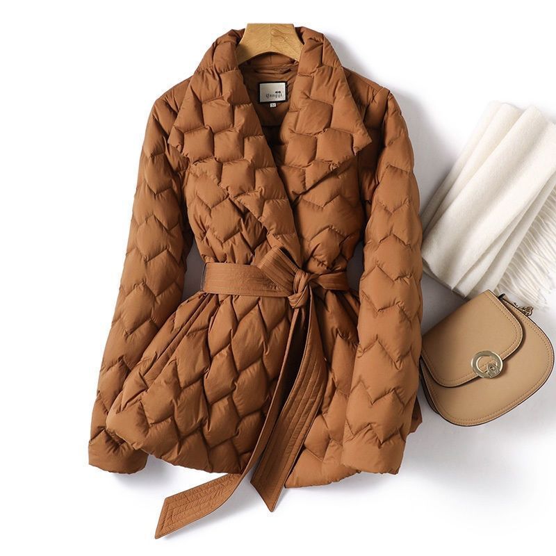 Winter Ripple-stitching Jacket With Belt Fashion Warm Pockets Lapel Coat Women's Temperament Lightweight Outwear Clothing