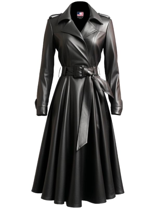 Women's Black Flared Long Leather Coat