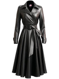 Women's Black Flared Long Leather Coat