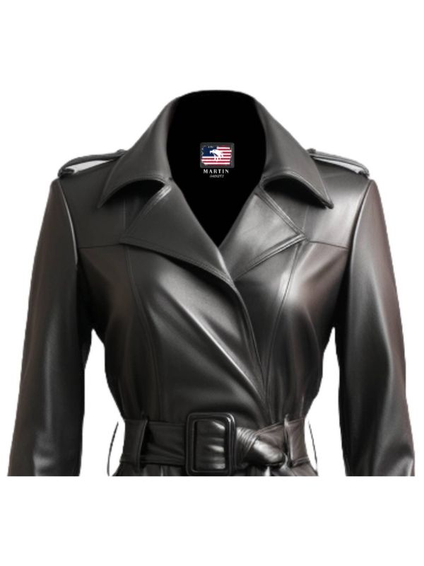 Women's Black Flared Long Leather Coat