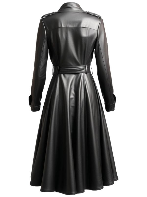 Women's Black Flared Long Leather Coat