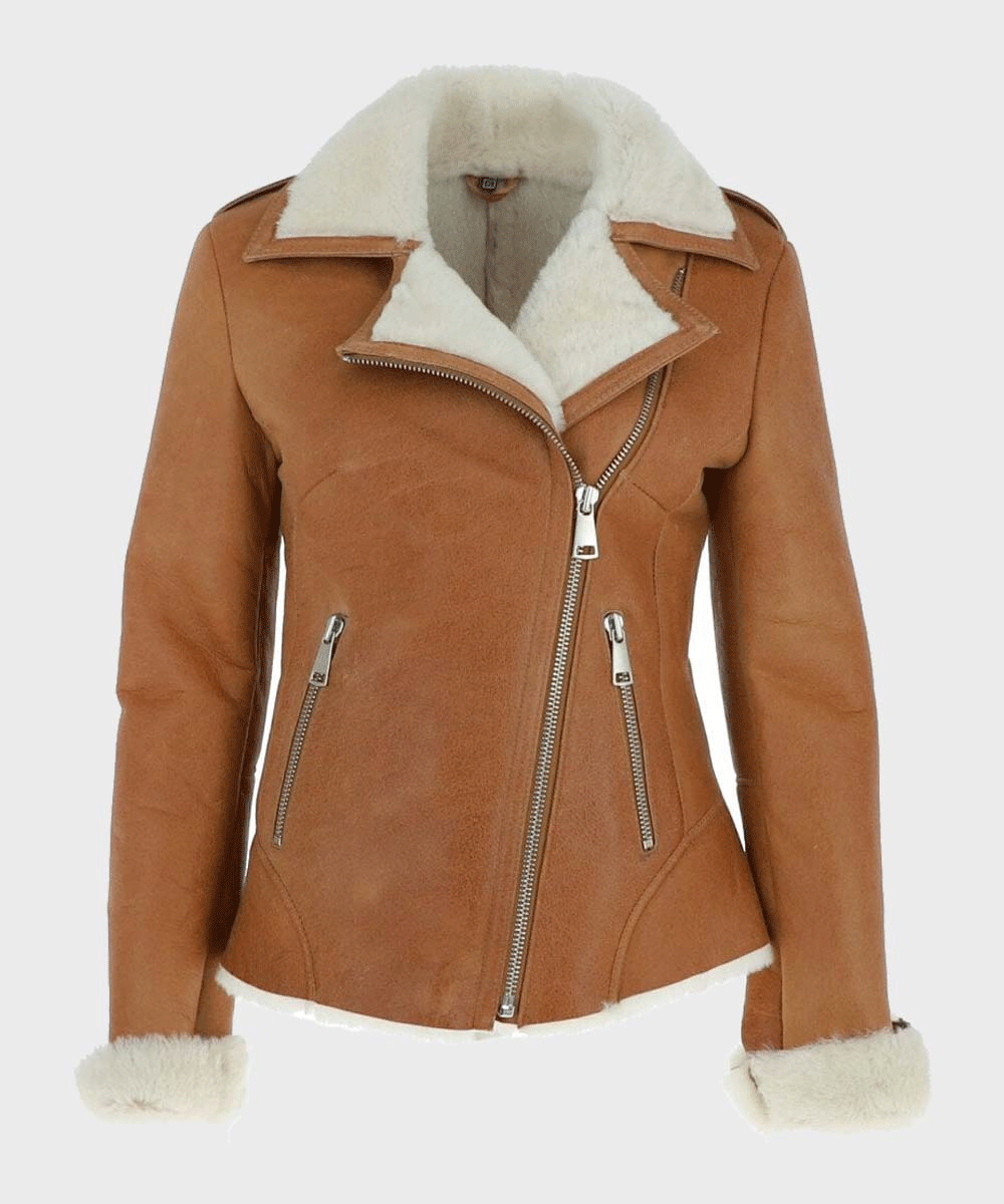 Women's Tan Shearling-Trim Leather Jacket