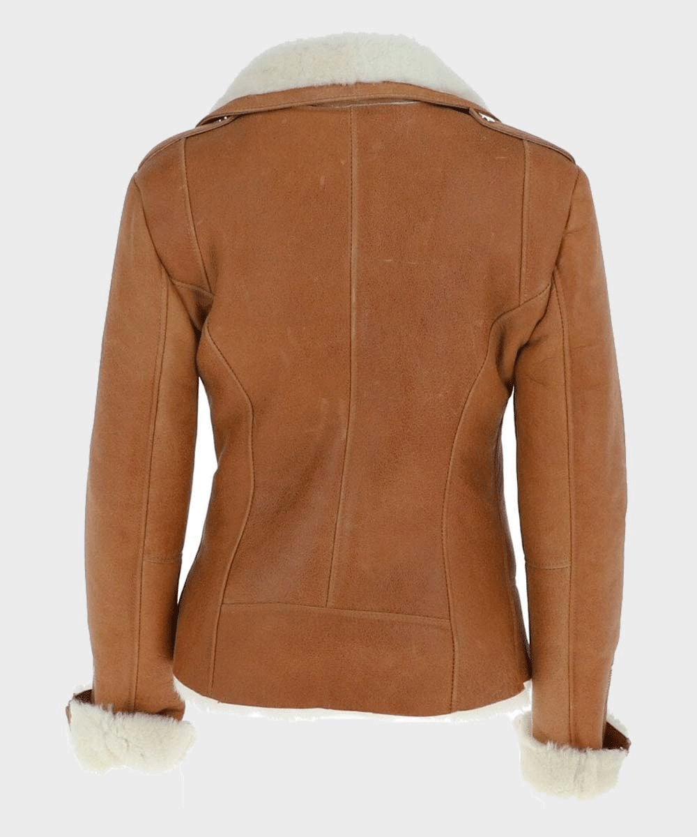 Women's Tan Shearling-Trim Leather Jacket