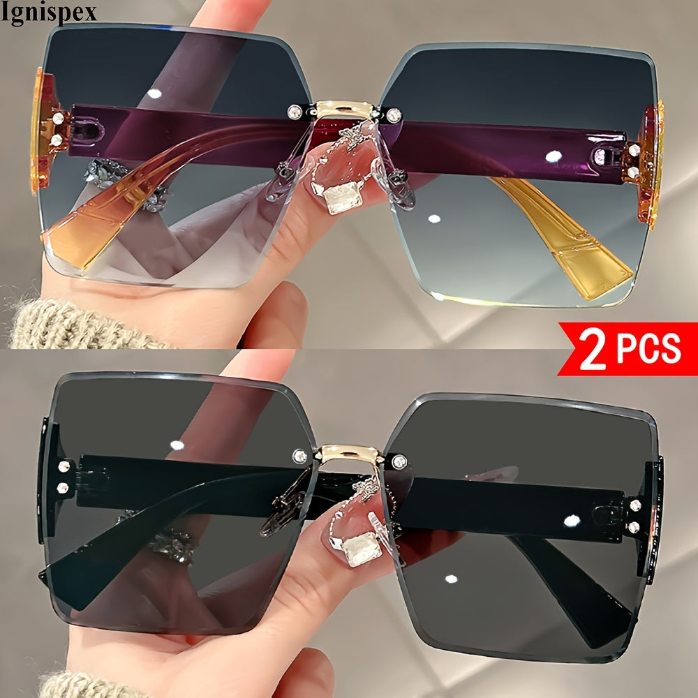 2 Pcs Rimless Square Sunglasses For Women Uv400 Protective Gradient Lens Eyewear Shiny Metal Hinge Detail Wide Temple Suitable For Beach Travel Parties And Daily Fashion Matching.