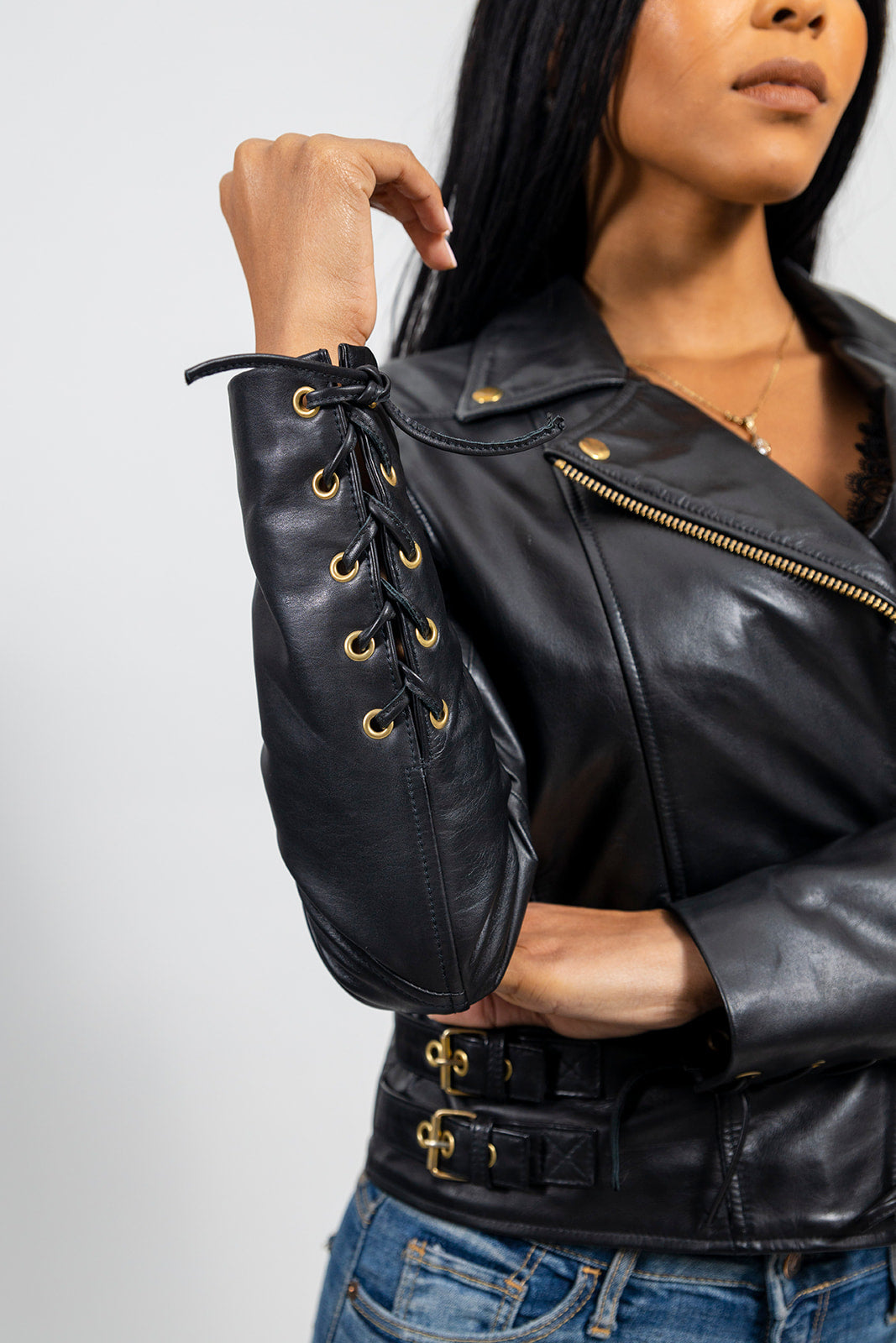 Gisele Women's Lace-Accent Leather Moto Jacket