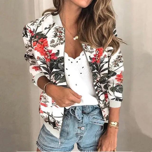 Unique Nature Design Women's jackets Floral Printed Ladies Zipper Up Bomber Outwear Spring Long Sleeve Short Thin Slim Casual Pocket Biker Coats